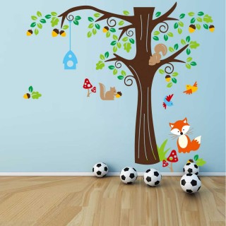   Tree Wall Sticker for Nursery, Squirrel, Fox, Mushroom Wall Decal