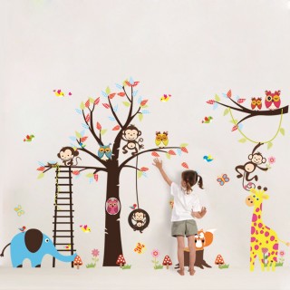 Tree Wall Sticker with Squirrel, Fox, Mushroom, Owls, Monkey, Birds, Giraffe, Elephant Zoo 